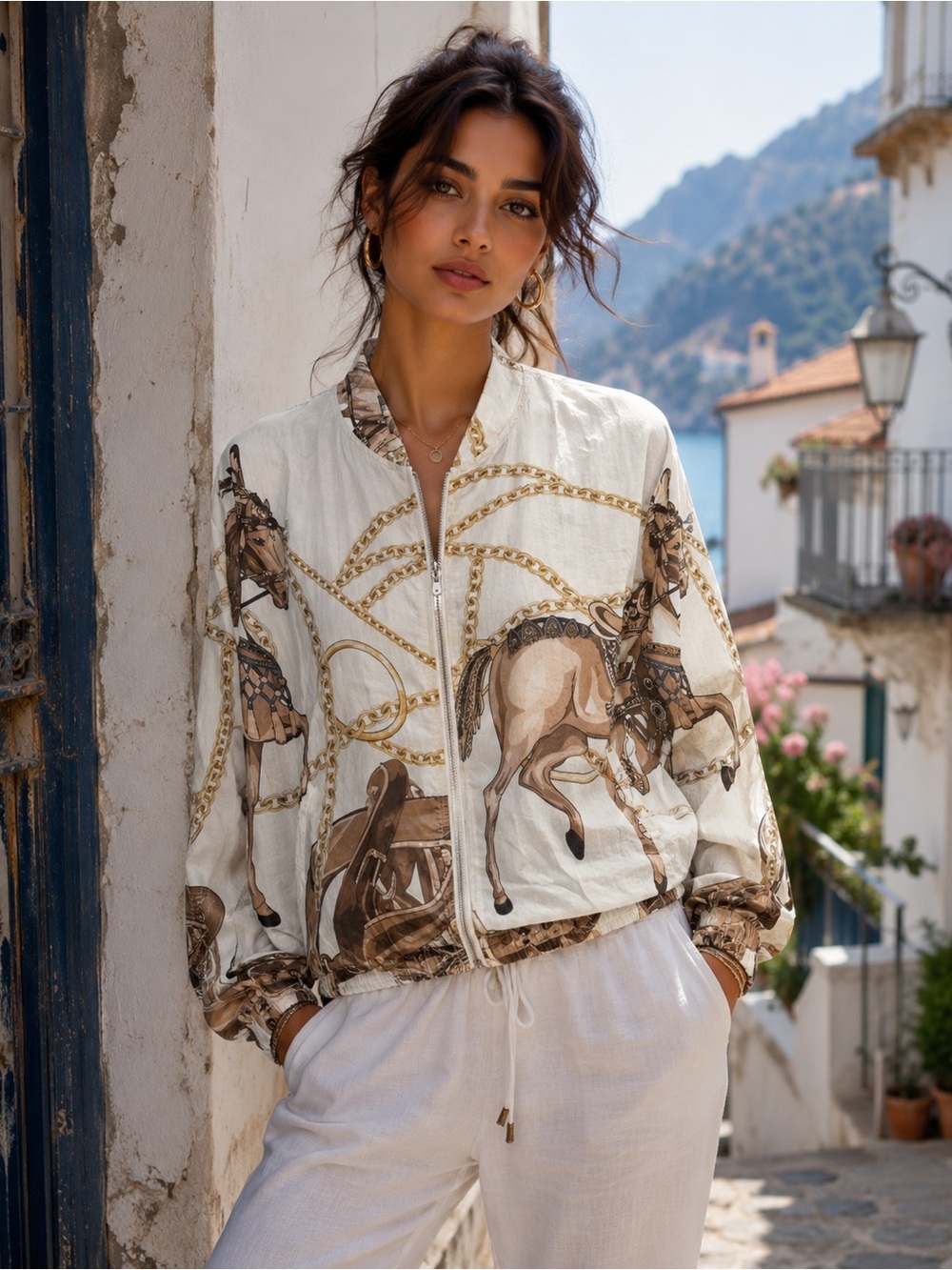 A27. From Italy 🇮🇹 Equestrian Print Zip-Front Bomber Jacket